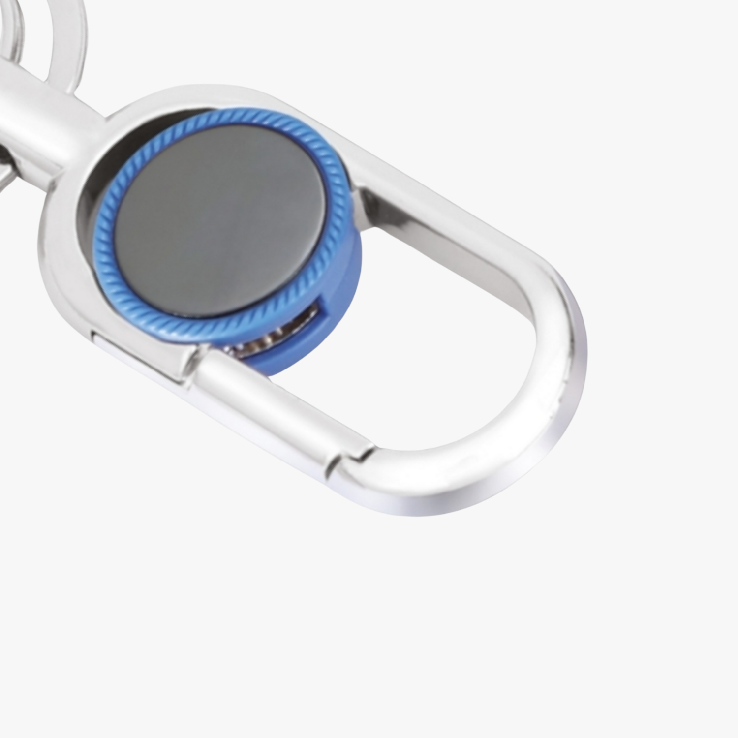 Metallic keychain with blue accent on a white background