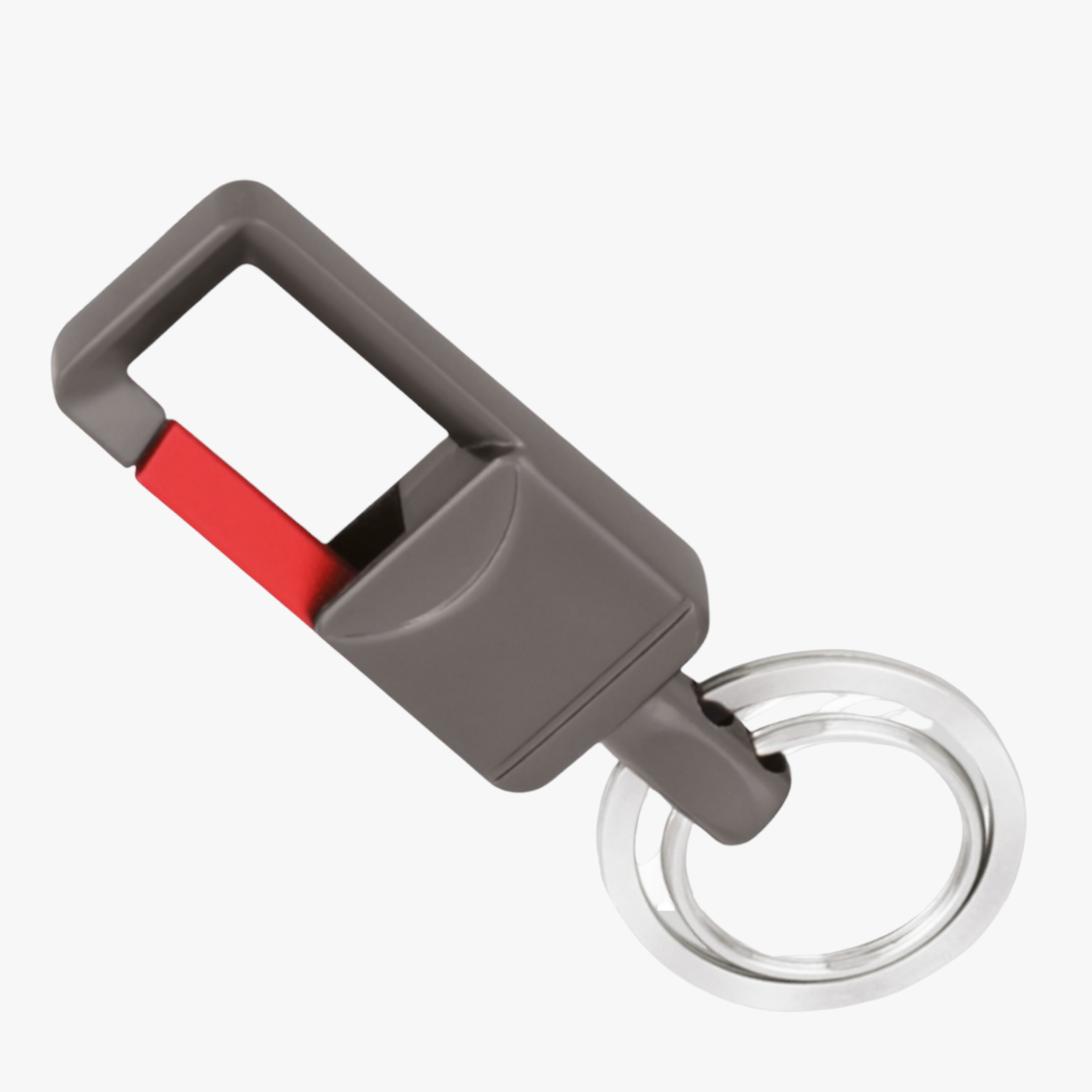 Keychain with gray clasp and red accent on a white background