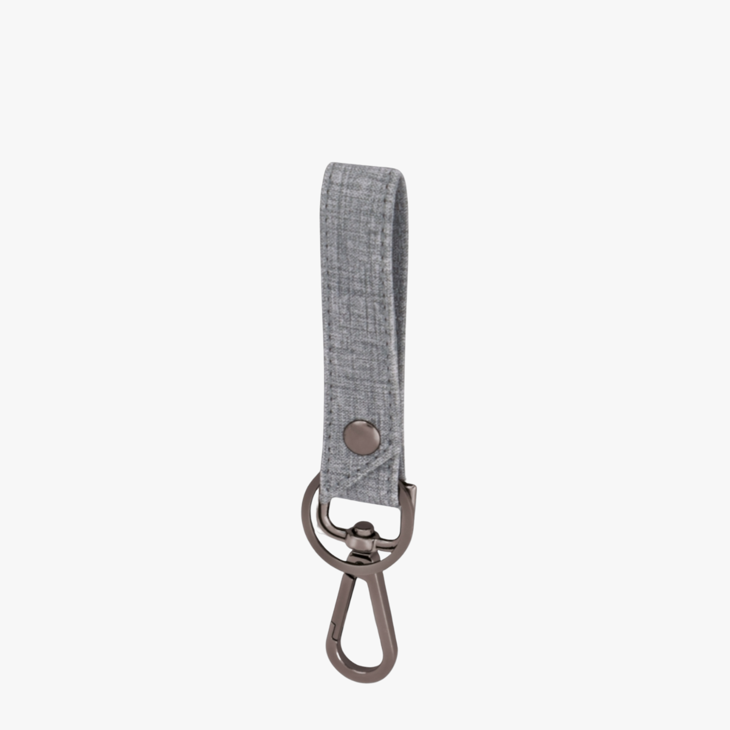 Gray fabric keychain with metal clasp on a white background