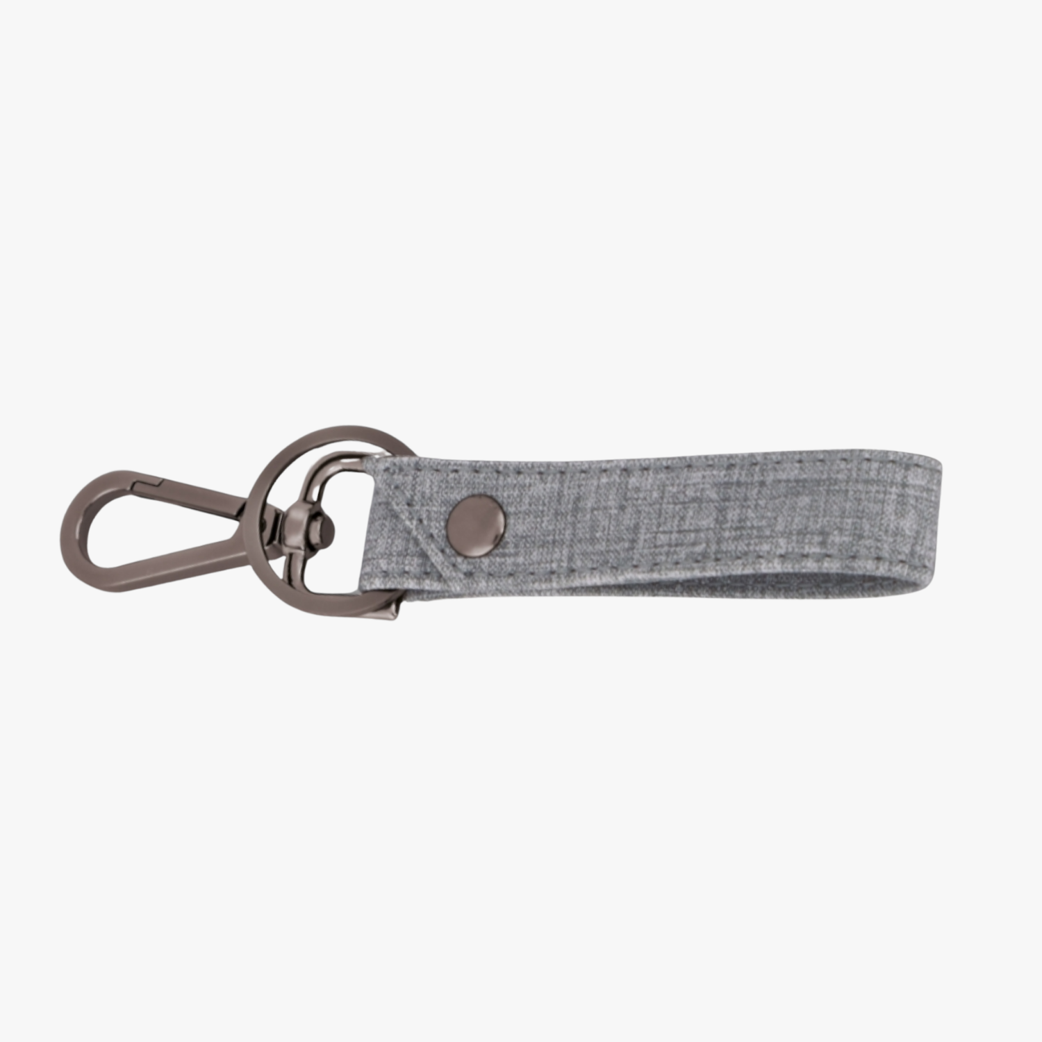 Gray keychain with metal clip on a white background
