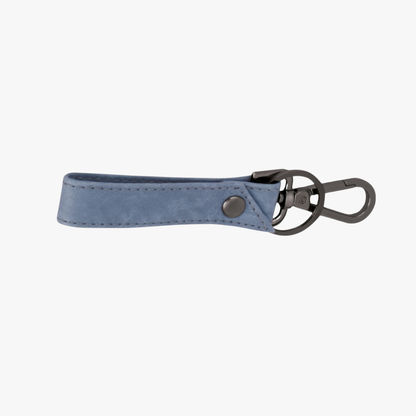 Blue leather keychain with a metal clasp on a white background