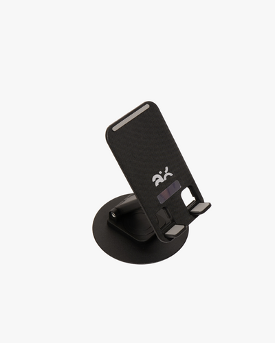 Black phone stand with a brand logo on a white background