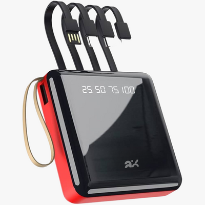 Black and red power bank with digital display on a white background