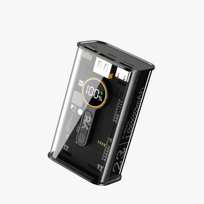 Black power bank with digital display on a white background