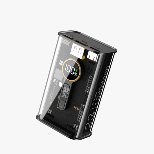 Black power bank with digital display on a white background