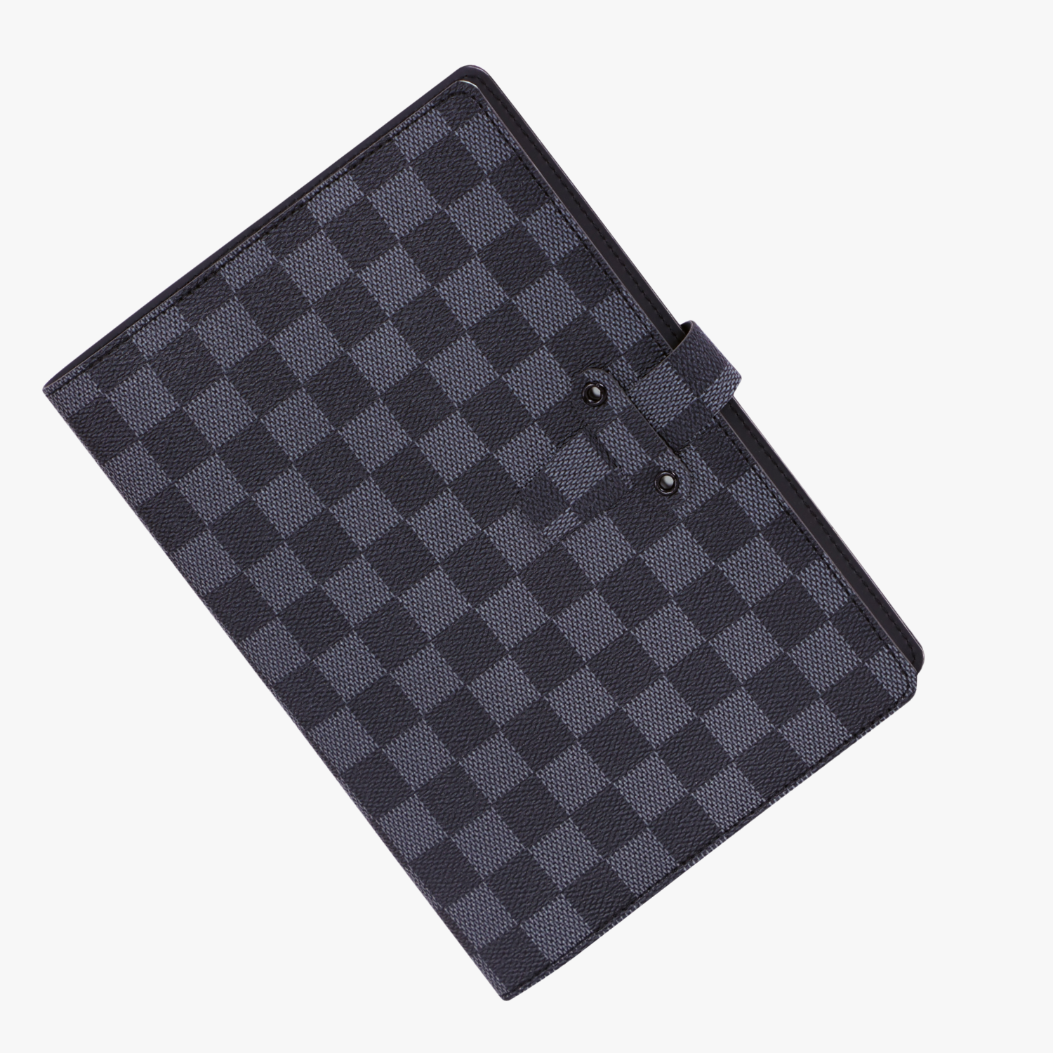 Black and gray checkered notebook with a strap on a white background
