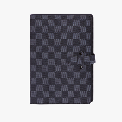 Checkered notebook cover with a strap on a white background