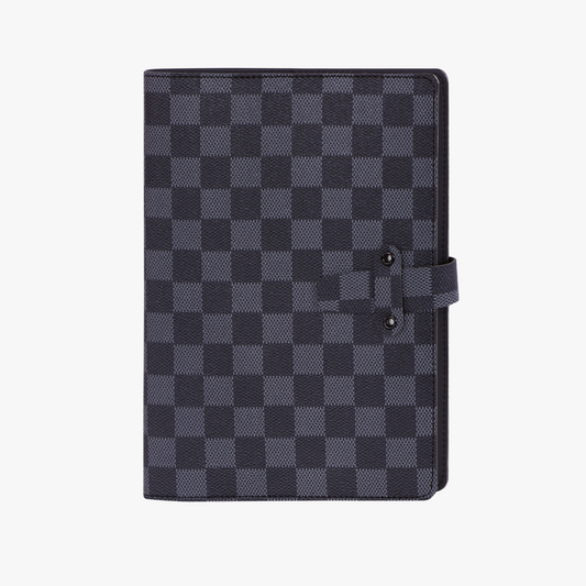 Checkered notebook cover with a strap on a white background