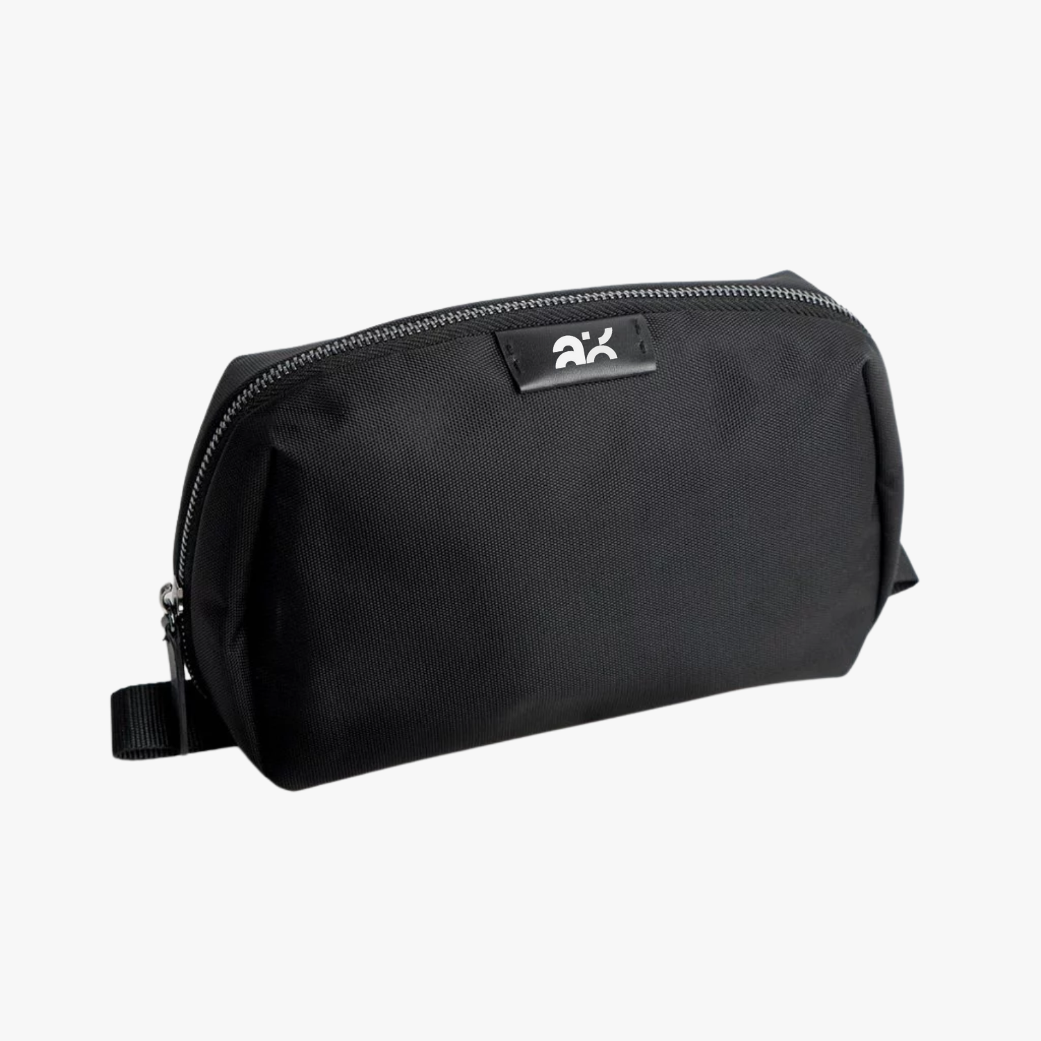 Black toiletry bag with a brand logo on a white background