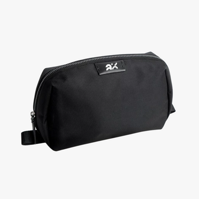 Black toiletry bag with a brand logo on a white background
