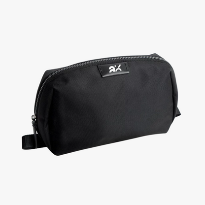 Black toiletry bag with a brand logo on a white background