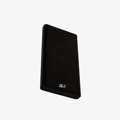 Black external hard drive on a white background