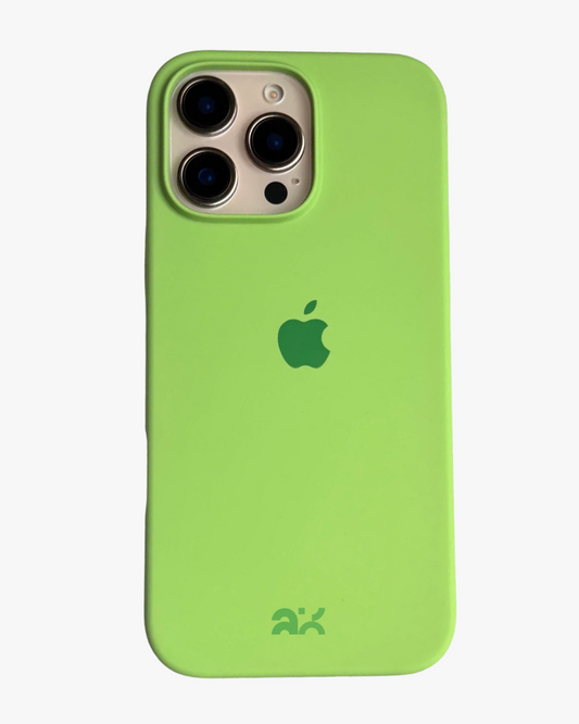 Green phone case with Apple logo on a white background