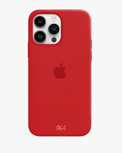 A red silicone case for an iPhone, with the Apple logo on the back.